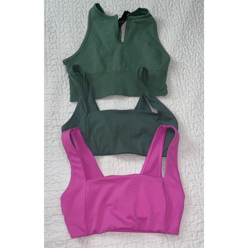 VS PINK Medium M Wireless Hot Pink Green Back Sports Bra padded plus Exercise